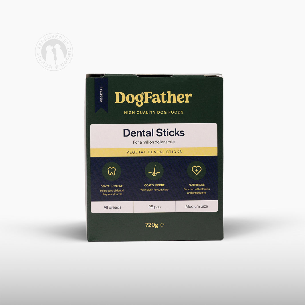 Förpackning med Dogfather Dental Sticks 28-pack för hundar, framsidan.