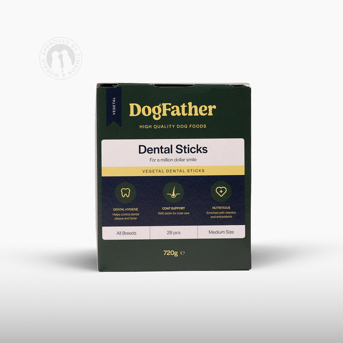Förpackning med Dogfather Dental Sticks 28-pack för hundar, framsidan.