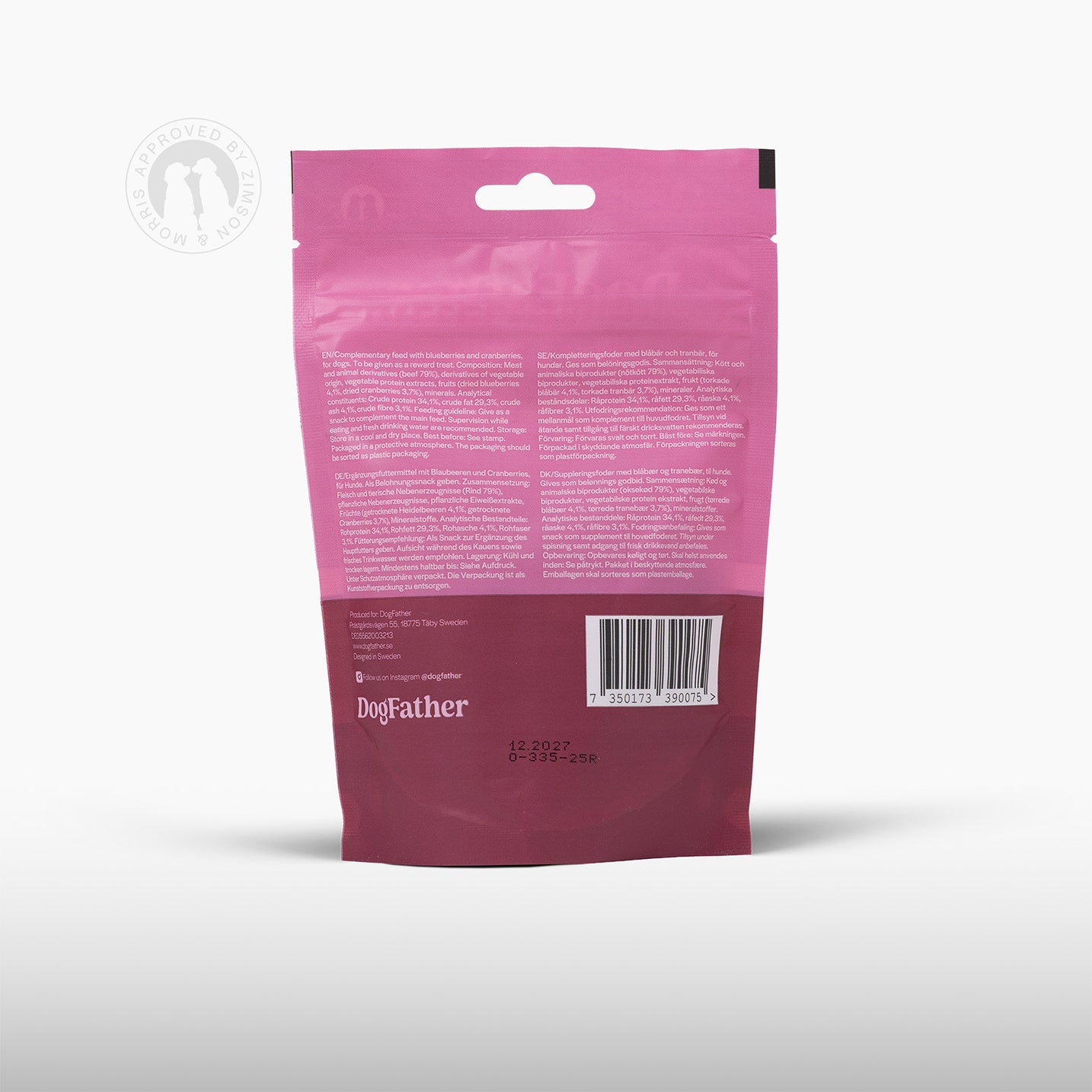 Baksidan av Dogfather Beef Softies hundgodis med innehållsförteckning och näringsvärden.