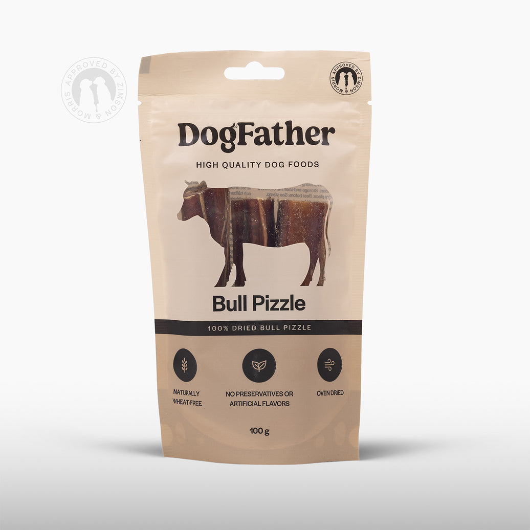 Förpackning med Dogfather Tjurmuskel, naturligt tugg för hundar, framsidan.