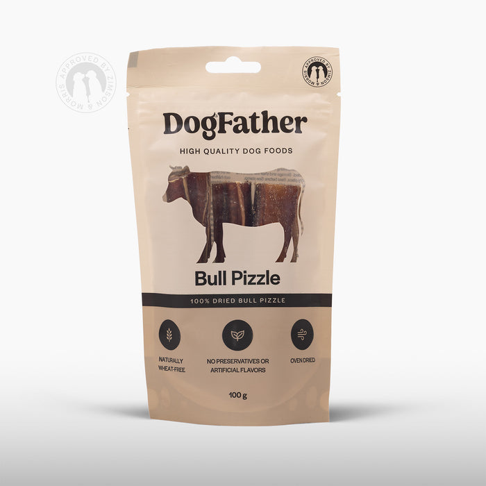 Förpackning med Dogfather Tjurmuskel, naturligt tugg för hundar, framsidan.