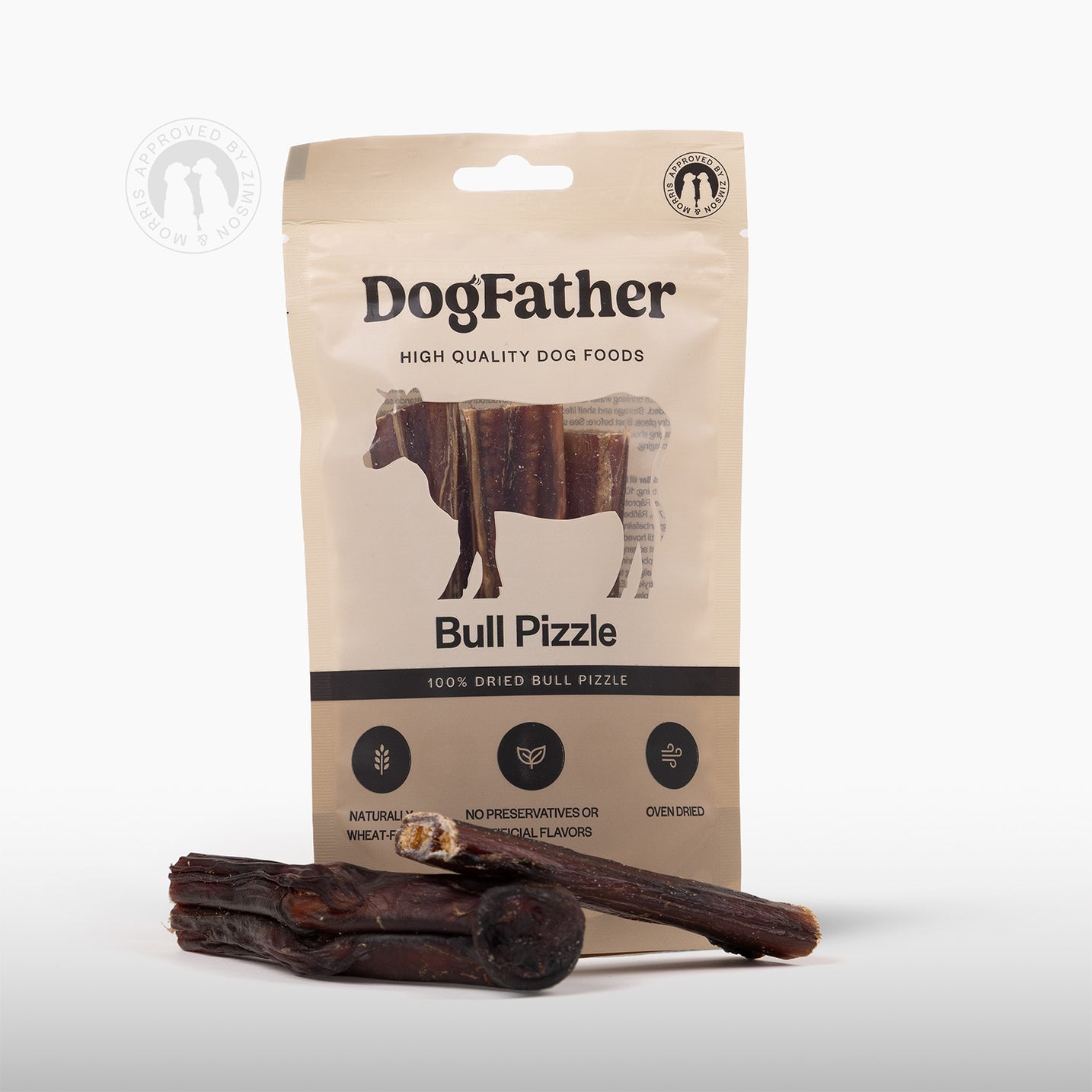 Dogfather Tjurmuskel för hundar med tuggen synlig utanför förpackningen.