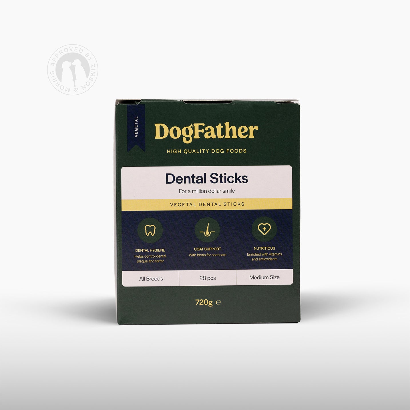 Förpackning med Dogfather Dental Sticks 28-pack för hundar, framsidan.