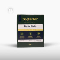 Förpackning med Dogfather Dental Sticks 28-pack för hundar, framsidan.