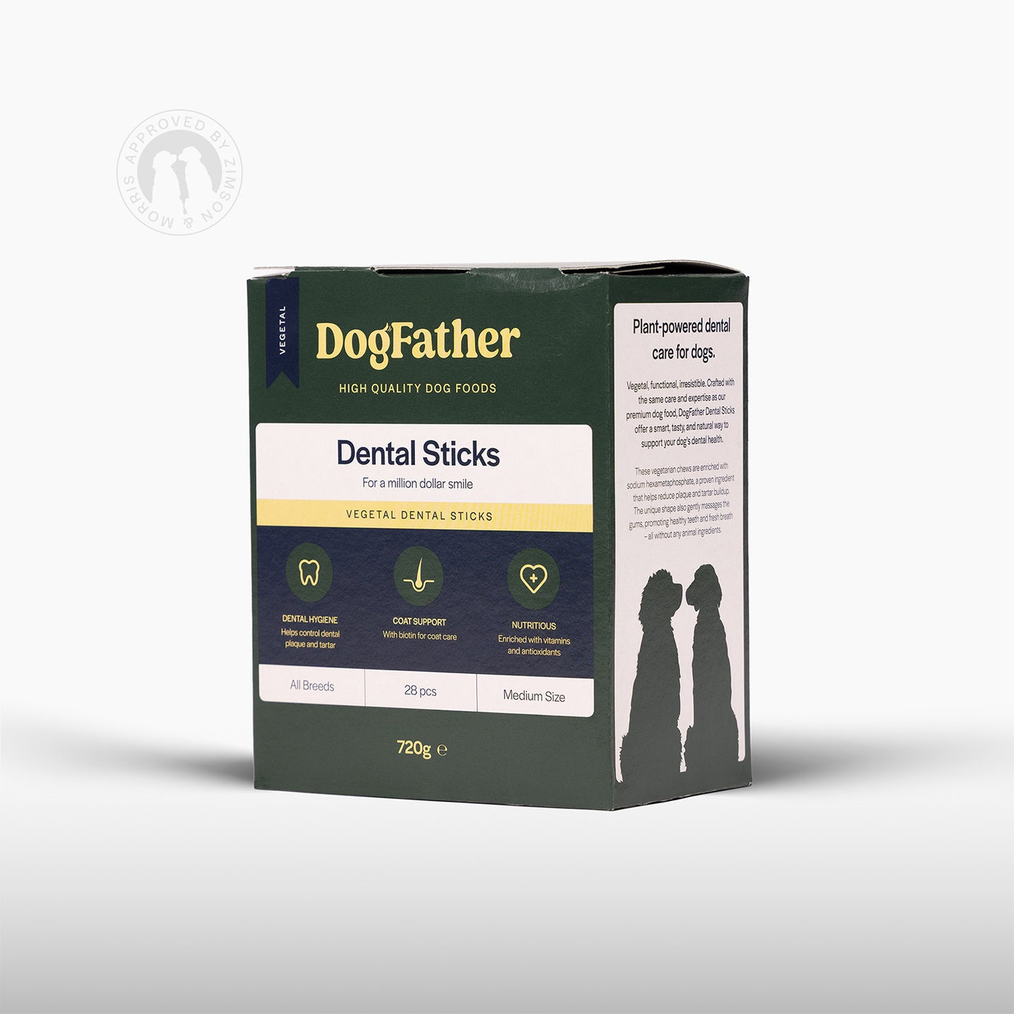 Dogfather Dental Sticks 28-pack för hundar sedd snett framifrån.