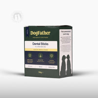Dogfather Dental Sticks 28-pack för hundar sedd snett framifrån.