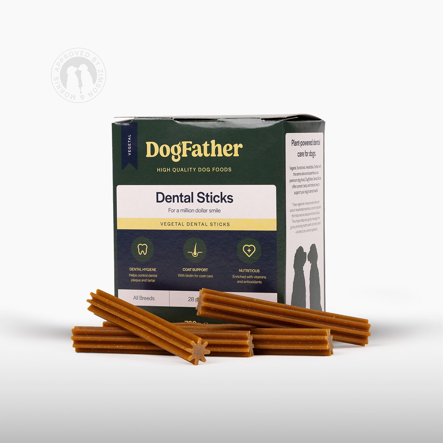 Dogfather Dental Sticks för hundar sedd snett framifrån med tuggpinnarna synliga.