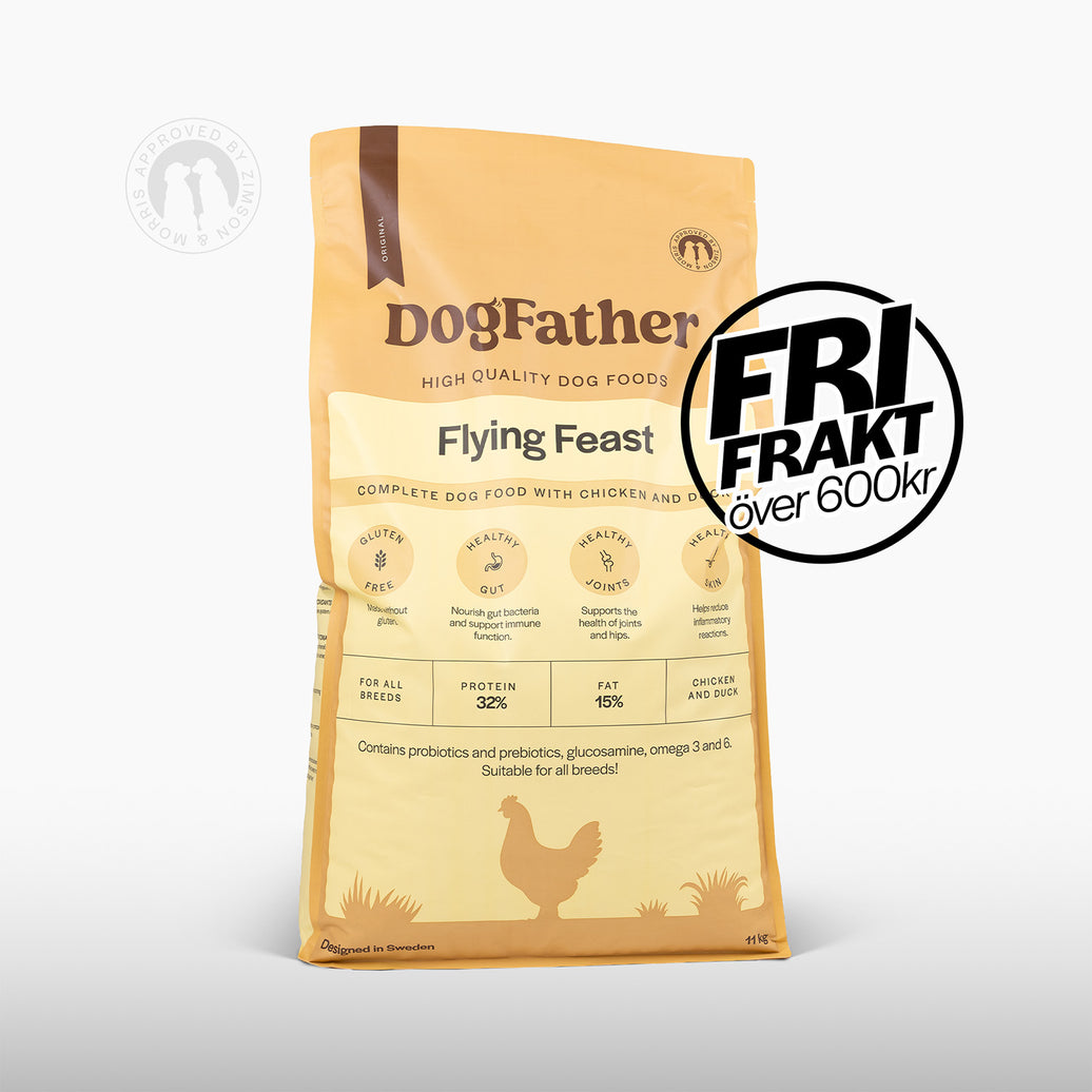 Framsidan av Dogfather Flying Feast hundfoder med kyckling och anka, 11 kg säck.
