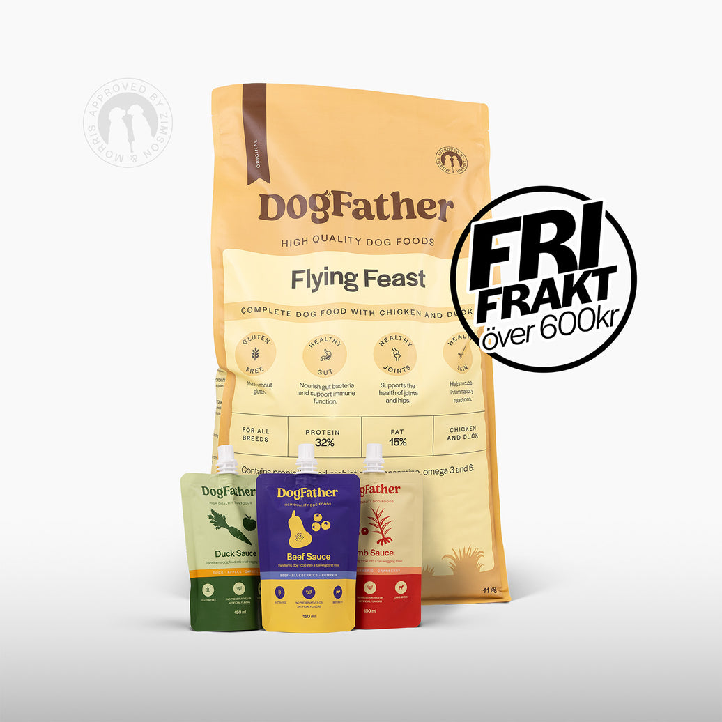 Dogfather Flying Feast hundfoder 11 kg tillsammans med tre flaskor hundsås.